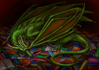 Fototapeta premium Дракон спит на книгах
