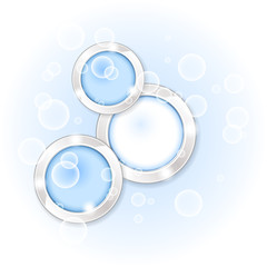 Round frames and bubbles form abstract background.