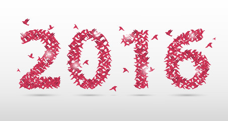 Pink 2016 new year origami style. Paper Birds. Vector illustration