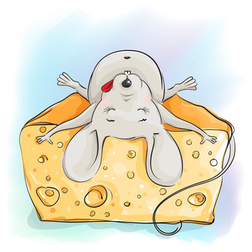 Funny cartoon mouse sleeping on the cheese