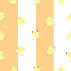 Seamless pattern with chickens on a striped background.