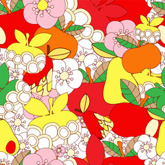 vector seamless pattern with flower,apple and pear, cartoon dood