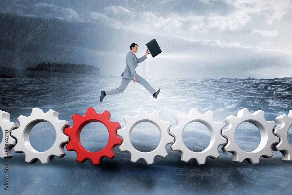 Poster composite image of businessman running with a suitcase