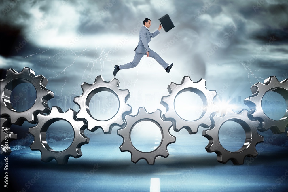 Poster composite image of businessman running with a suitcase