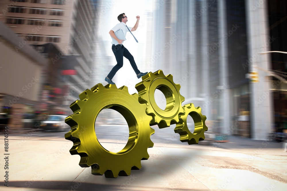 Aufkleber composite image of geeky businessman running late