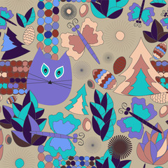 vector seamless pattern with flower,cat,and tree  cartoon doodli