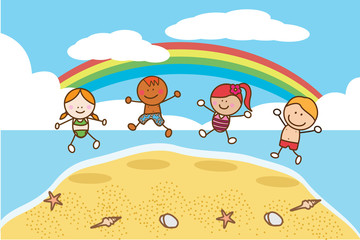 Happy kids jumping at Beach