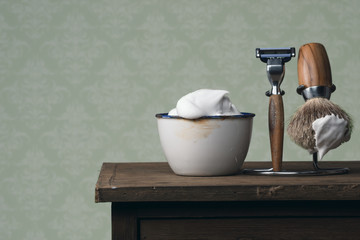 vintage Shaving Equipment on blue wooden Table