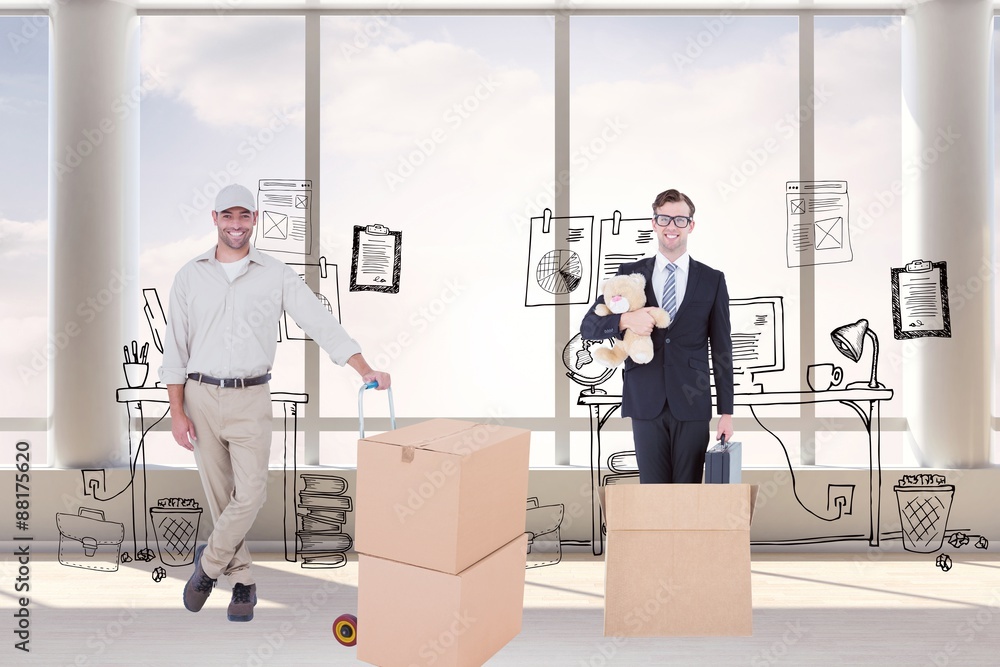 Poster composite image of confident delivery man with cardboard boxes