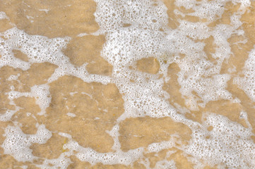Sea foam over yellow sand beach
