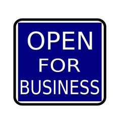 OPEN FOR BUSINESS white stamp text on buleblack background