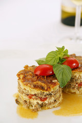 Restaurant meal/Delicious meat pie served in elegant restaurant. Traditional food. Very shallow depth of field for soft background