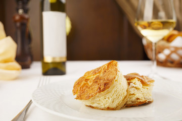 Cheese pie/Delicious cheese pie served in elegant restaurant. Restaurant dinner.