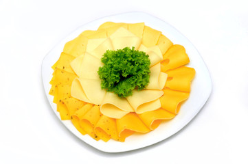 Mixed cheese diner platter from different varieties, with salate