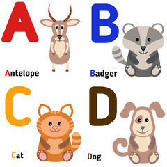 Cute zoo alphabet in vector. A, b, c, d