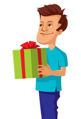 man holding gift box with red bow