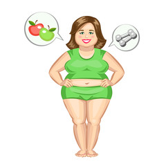 The fat girl with dumbbells and apples. Vector illustration.