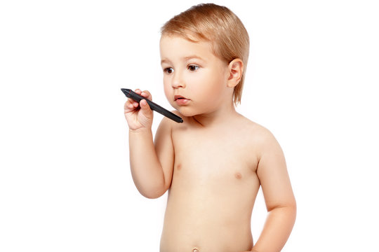 young boy isolated on white painting in the air
