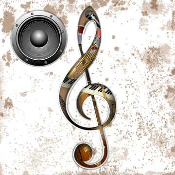 Vector Illustration Of Musical Instruments In The Hole Treble Clef Trumpet, Saxophone, Piano Keys, Jazz Guitar, Acoustic Guitar And An Audio Speaker