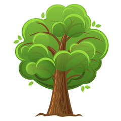 Cartoon tree, green oak tree with luxuriant foliage. vector