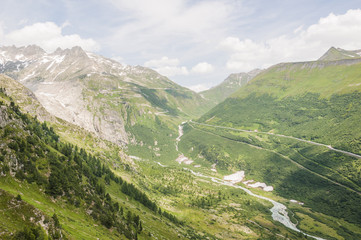 Fototapeta na wymiar Furka, Furkastrasse, Gletsch, Bergdorf, Grimsel, Grimselpass, Furkapass, Alpen, Schweizer Berge, Wallis, Schweiz