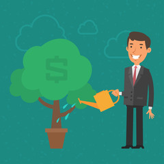 Concept businessman watering money tree