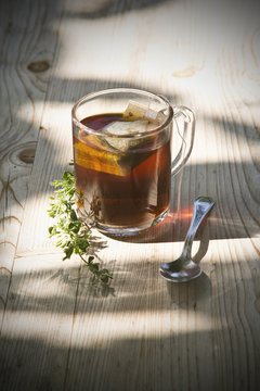 cup of tea on wooden background