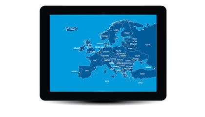 Europe Map on tablet device, blue with country names