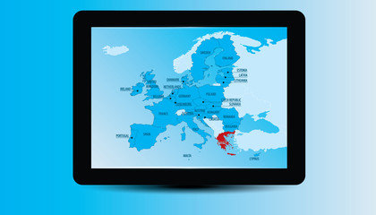 Europe Map on tablet device, with EU countries selected, with country names, and Greece in red color