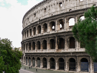 Fototapeta na wymiar Building Coliseum (Colosseum) in Rome (Italy) and trees in autumn