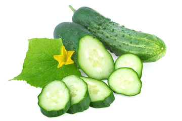 organic cucumbers with leaf and slices of cucumber isolated on white