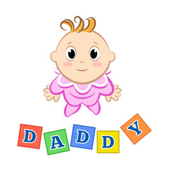 Cartoon baby with an inscription blocks on white background