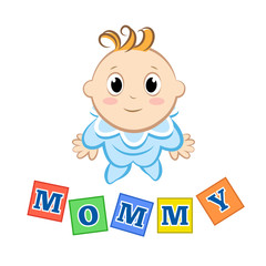 Cartoon baby with an inscription blocks on white background