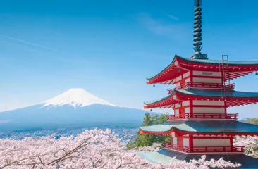 Printed kitchen splashbacks Fuji Chureito pagoda,background is fuji mountain,Japan