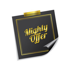 Mighty Offer Golden Sticky Notes Vector Icon Design