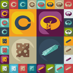 Flat concept, set modern design with shadow meat and cheese