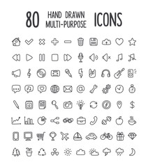 Set of 80 universal interface icons for web or apps: communication, media, shopping, travel, weather and more. Clean and minimalistic; personal hand drawn feel. Thin line icons isolated on white.