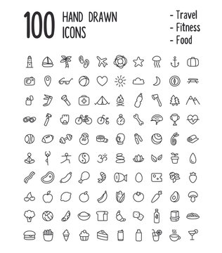 Large set of 100 multi-purpose icons for web or apps: travel, sport, health, food and more. Clean and minimalistic, but with a personal hand drawn feel. Thin line icons isolated on white.