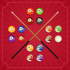 set of billiard balls, billiards, American with cue