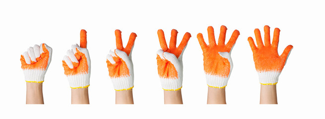 hand in  work gloves Isolated on a white background.count number
