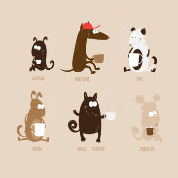 Set with cute cartoon dogs of different breeds who drink different types of coffee.
