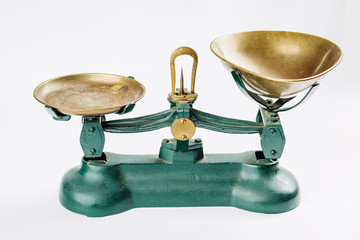 Antique weigh and measure measuring scale with old brass trays