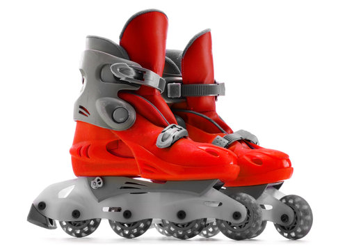 A pair of red inline skates isolated on white background