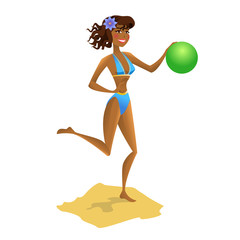 Girl with ball on the beach. Vector illustration.