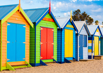 Fototapeta na wymiar Bathing boxes at Brighton Beach, Australia