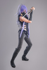 Female fantasy warrior / Female warrior with sword and gas mask isolated on the gray background