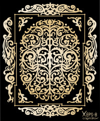 Gold ancient vintage ornament with shadow on black background. Vector illustration