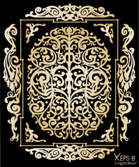 Gold ancient vintage ornament with shadow on black background. Vector illustration