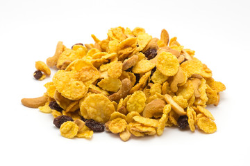 Homemade honey caramel cornflakes on white background