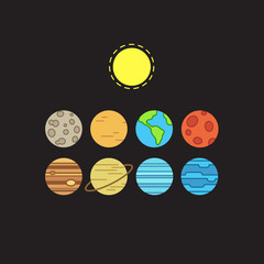 Fototapeta premium Set of symbolic stylized icons of solar system planets and sun on black background.